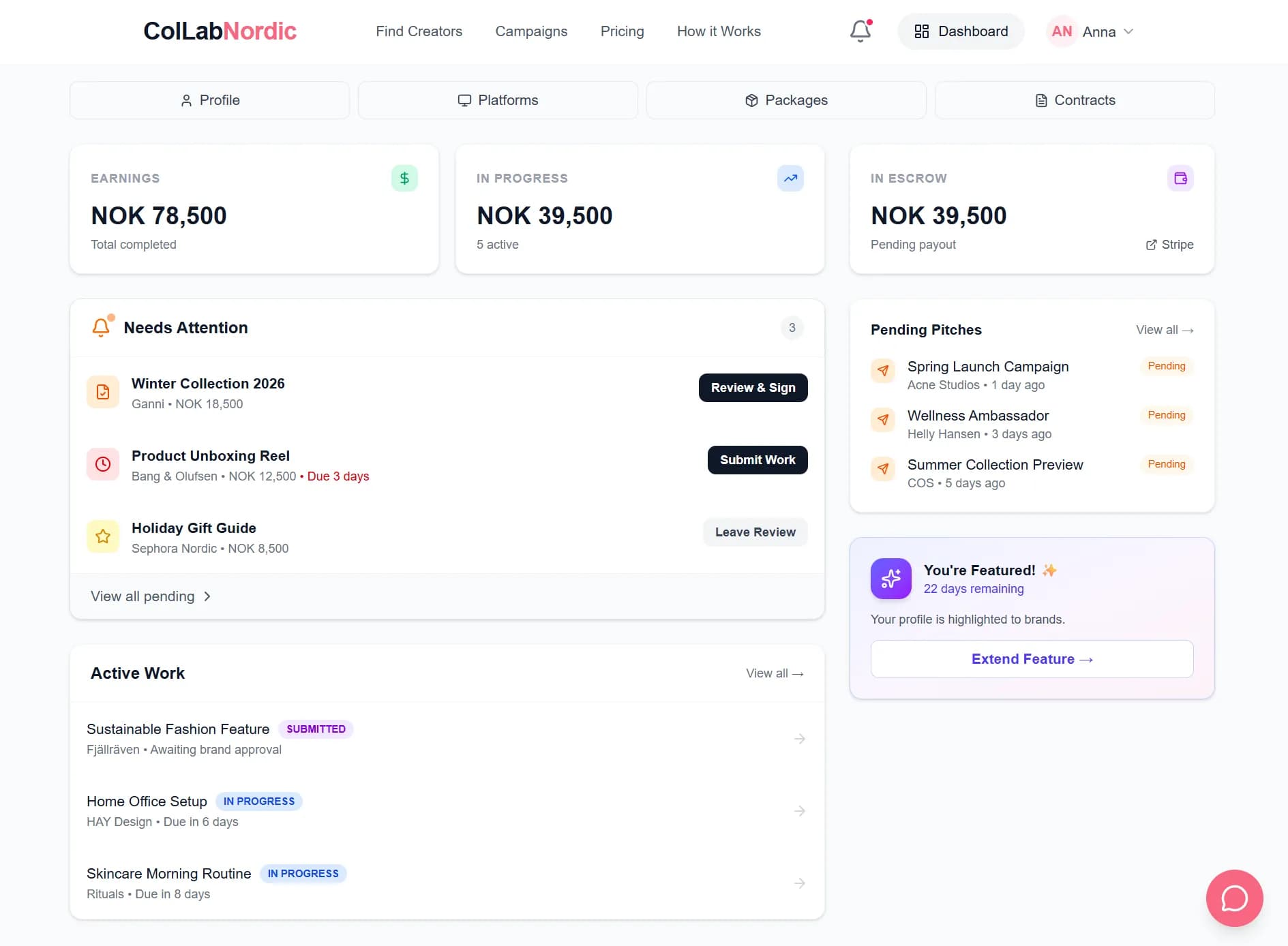 Creator Dashboard Desktop View